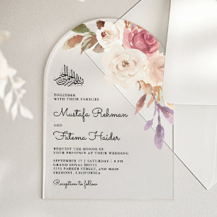 Invitaciones Acrílicas Ramo Floral Rosa Malva Boda Musulmana Islámica