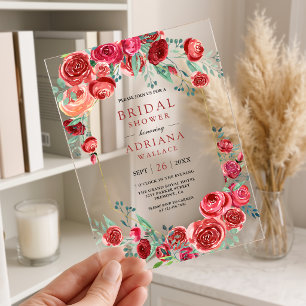 Invitaciones Acrílicas Ramos Florales de Rosas Rojas para Bridal Shower