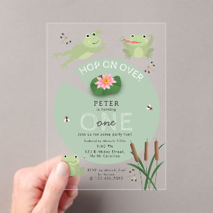 Invitaciones Acrílicas Ranas Lindas en Estanque de Lirios Saltan Sobre Cu