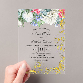 Invitaciones Acrílicas Raspberry Blue Blue Pink Gold Swirls Botánico
