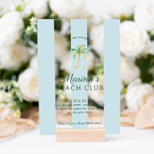 Invitaciones Acrílicas Rayas de Cabaña Aqua Azul Palm Beach Club Cumpleañ