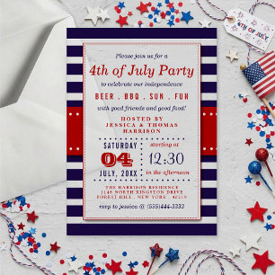 Invitaciones Acrílicas Rayas Rojas, Blancas y Azules Fiesta del 4 de Juli