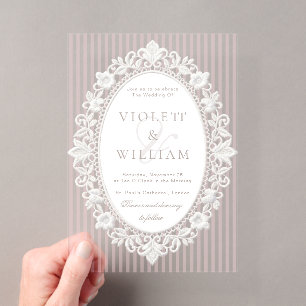 Invitaciones Acrílicas Rayas rosadas de encaje vintage Old Money Boda