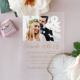 Invitaciones Acrílicas Recepción de Boda con Guión Dorado de Foto Sr Sra