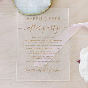 Invitaciones Acrílicas Recepción de boda con guión dorado para siempre fe
