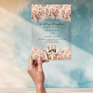 Invitaciones Acrílicas Recepción de boda de vino chispeante con flores de