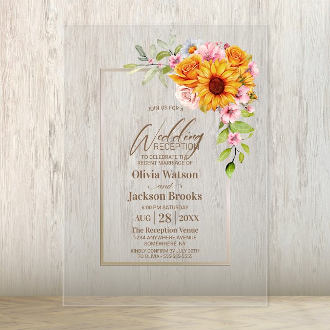 Invitaciones Acrílicas Recepción de boda floral de rosa rosa girasol (Subido por el creador)