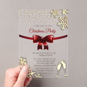 Invitaciones Acrílicas Red Bow, Snowflakes, Glasses Gold Company Navidade