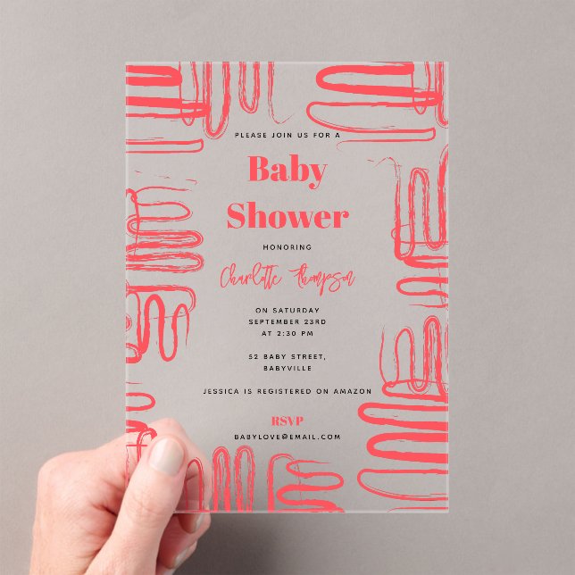 Invitaciones Acrílicas Red Curve Wavy Squiggle Abstract Baby Shower (Insitu (portátil))