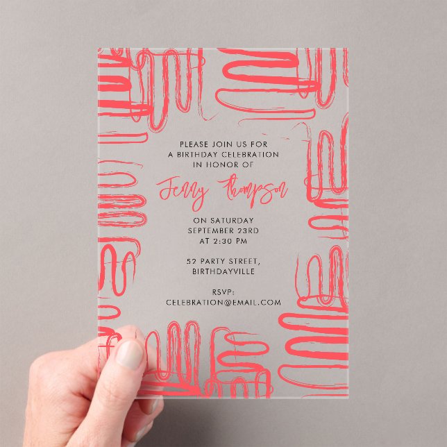 Invitaciones Acrílicas Red Curve Wavy Squiggle Abstract Birthday Party (Insitu (portátil))