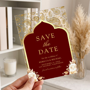 Invitaciones Acrílicas Red Gold Paisley Boda India Save the Date