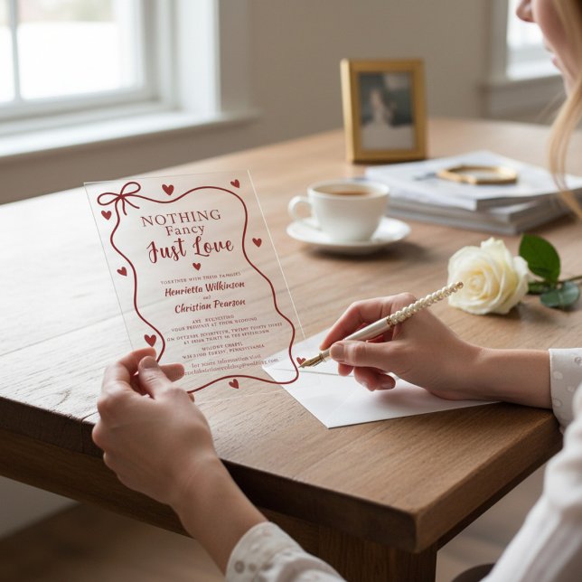 Invitaciones Acrílicas Red Hearts Nothing Fancy Just Love Script Acrylic  (Subido por el creador)