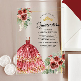 Invitaciones Acrílicas Red Marsala Vestido Floral Dorado Quinceanera