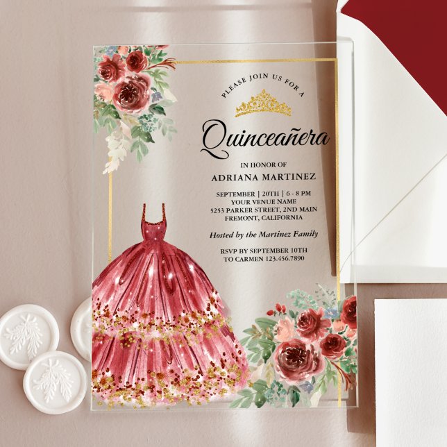 Invitaciones Acrílicas Red Marsala Vestido Floral Dorado Quinceanera (Subido por el creador)