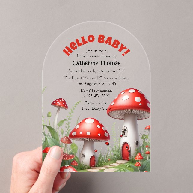 Invitaciones Acrílicas Red Mushroom Fungi Woodland Baby Shower (Insitu (portátil))