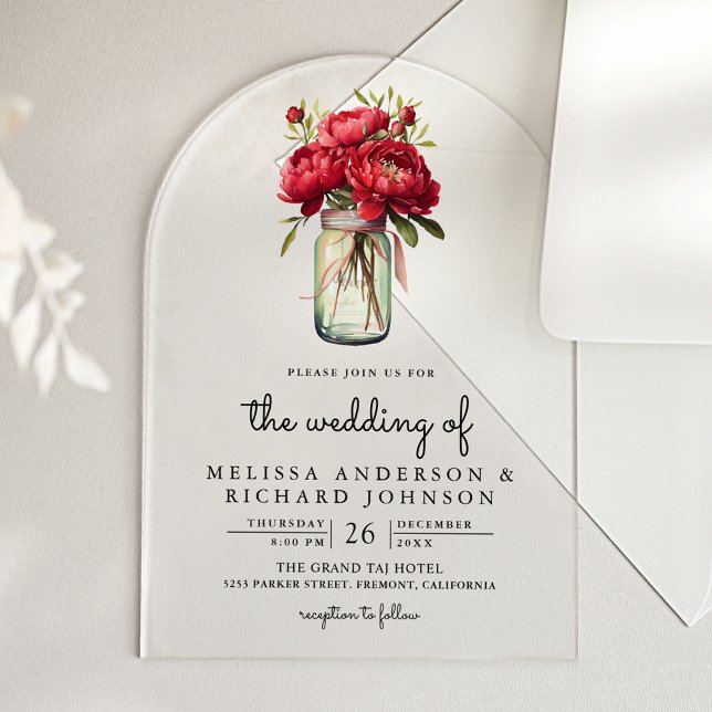 Invitaciones Acrílicas Red Peony Floral Mason Jar Wedding (Subido por el creador)