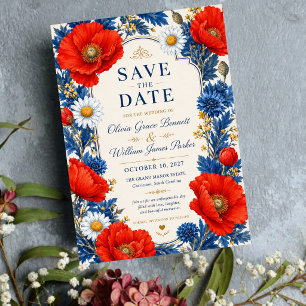 Invitaciones Acrílicas Red Poppy Wildflower Elegant Blue and Red Floral