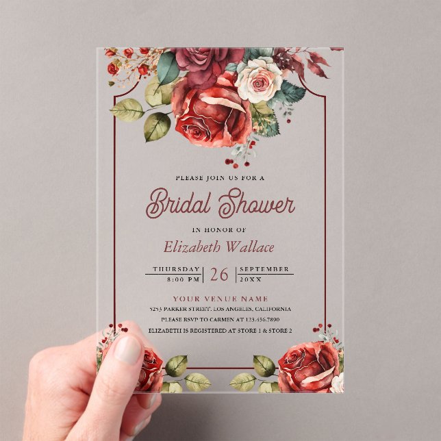 Invitaciones Acrílicas Red Roses Floral Bridal Shower (Insitu (portátil))