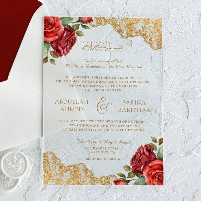 Invitaciones Acrílicas Red Roses Gold Lace Muslim Wedding (Subido por el creador)