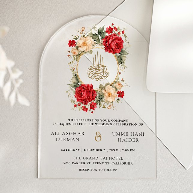 Invitaciones Acrílicas Red Roses Ivory Flowers Gold Muslim Wedding (Subido por el creador)