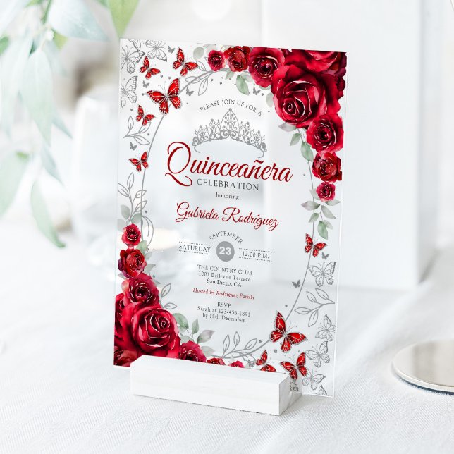Invitaciones Acrílicas Red Silver Floral Quinceanera (Subido por el creador)