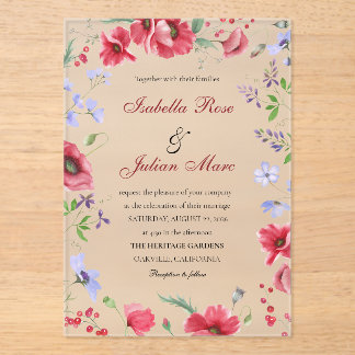 Invitaciones Acrílicas Red Watercolor Poppy & Lavender Floral Wedding