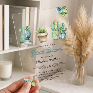 Invitaciones Acrílicas Regaderas de Cactus Verde Sucoso Despedida de Solt
