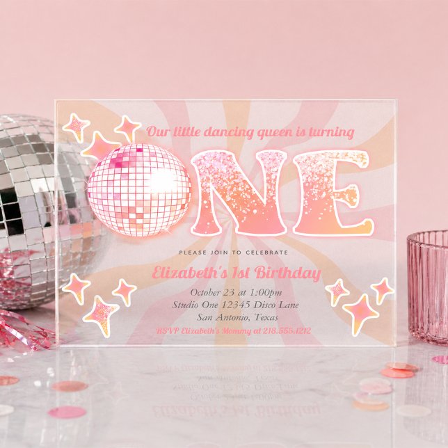 Invitaciones Acrílicas Reina de Baile Disco Primer Cumpleaños (Disco Dancing Queen First Birthday Acrylic Invitations)