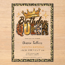 Invitaciones Acrílicas Reina de Cumpleaños Leopardo Divertido Sesenta Cum