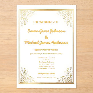 Invitaciones Acrílicas Relieve metalizado dorado clásico elegante