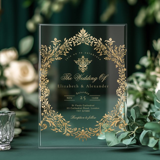 Invitaciones Acrílicas Relieve metalizado dorado elegante Boda victoriano (Subido por el creador)