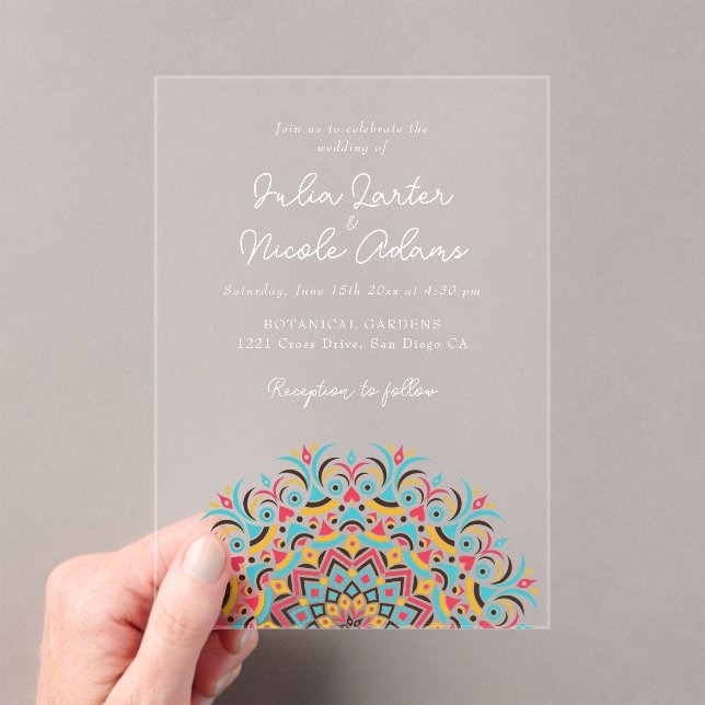 Invitaciones Acrílicas Retro Español Resumen Boda de Mandala floral (Insitu (portátil))