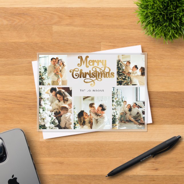 Invitaciones Acrílicas Retro Faux Gold Family Photo Christmas Card (Insitu (Tarjeta de Invitación))