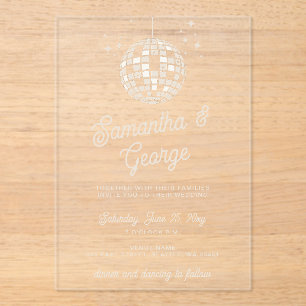Invitaciones Acrílicas Retro Groovy 70 Ivory Naranja Photo Disco Boda
