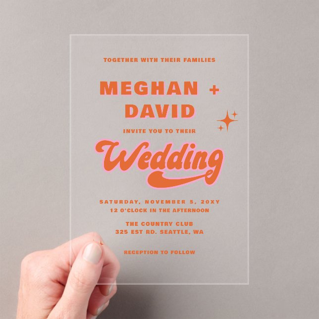 Invitaciones Acrílicas Retro Groovy Boda rosa Naranja de marfil 70 (Insitu (portátil))