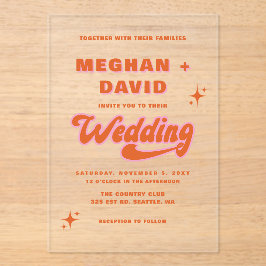 Invitaciones Acrílicas Retro Groovy Boda rosa Naranja de marfil 70