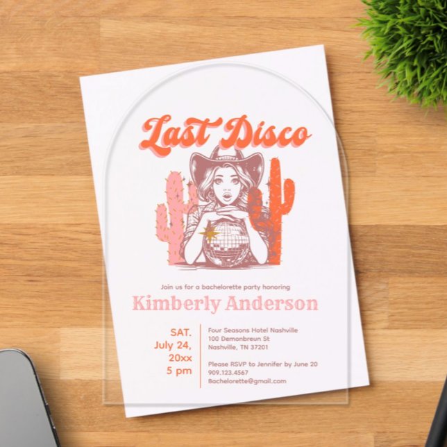 Invitaciones Acrílicas Retro Pink Orange Cowgirl Last Disco Nash Bash  (Subido por el creador)