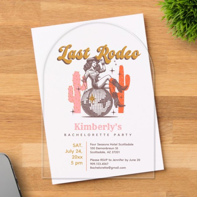 Invitaciones Acrílicas Retro Pink Yellow Cowgirl Last Disco Nash Bash (Subido por el creador)