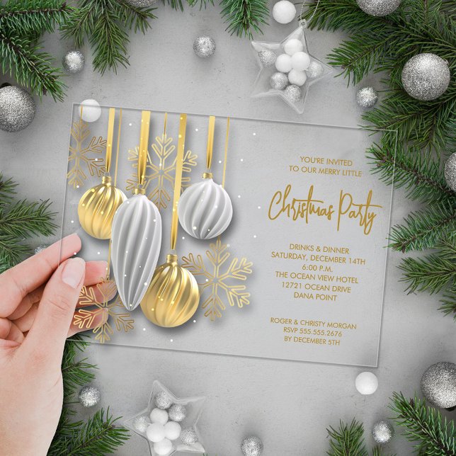 Invitaciones Acrílicas Retro Silver and Gold Ornaments Christmas Party (Retro silver and gold tree ornaments ACRYLIC Christmas party invitations)