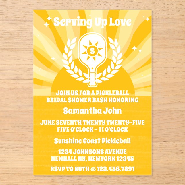 Invitaciones Acrílicas Retro Sunshine Pickleball Brillante Ducha (Anverso)