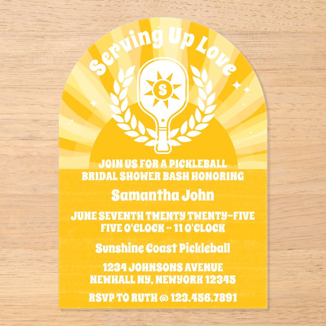 Invitaciones Acrílicas Retro Sunshine Pickleball Brillante Ducha (Anverso)