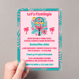 Invitaciones Acrílicas Retro Tropical Flamingo Pickleball Brillante Ducha