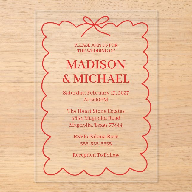 Invitaciones Acrílicas Retro Valentine Wedding Photo Red Pink (Anverso)