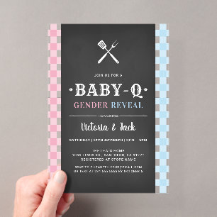 Invitaciones Acrílicas Revelación de género BabyQ a cuadros Barbacoa Negr