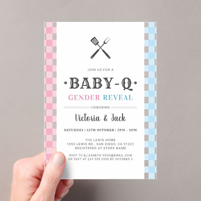 Invitaciones Acrílicas Revelación de género de BabyQ Gingham BQ (Insitu (portátil))