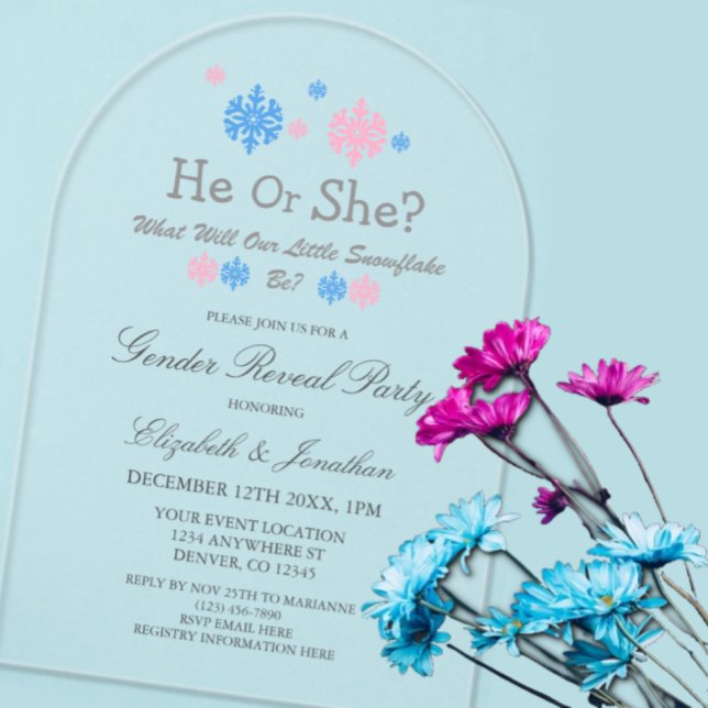 Invitaciones Acrílicas Revelación de género de invierno con copo de nieve (Subido por el creador)