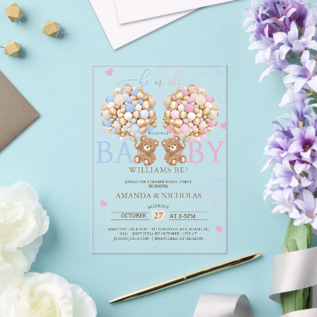 Invitaciones Acrílicas Revelación de género de osito de peluche (Insitu (Boda))