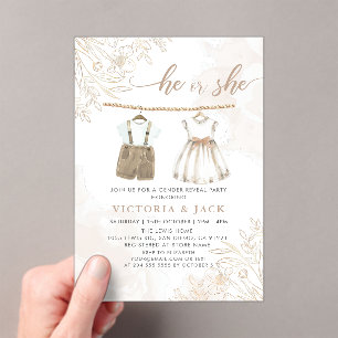 Invitaciones Acrílicas Revelación de género de ropa de bebé de flores sil