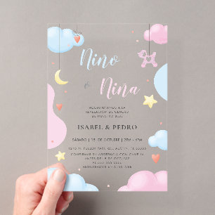 Invitaciones Acrílicas Revelación del género en español con nubes y estre