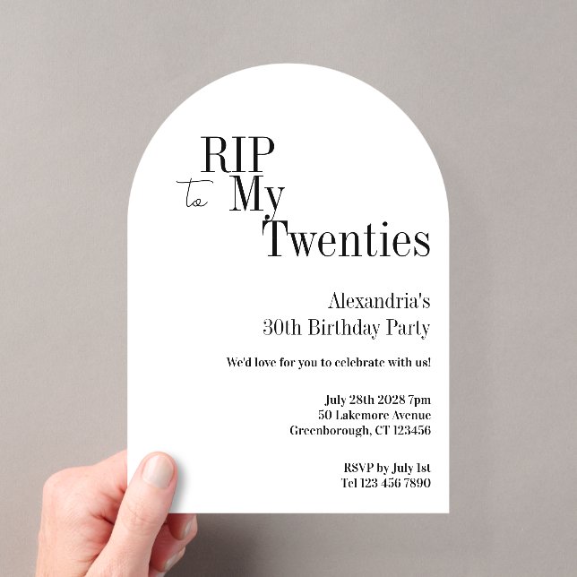 Invitaciones Acrílicas RIP 20s Cumpleaños 30 Minimal Blanco (Insitu (portátil))